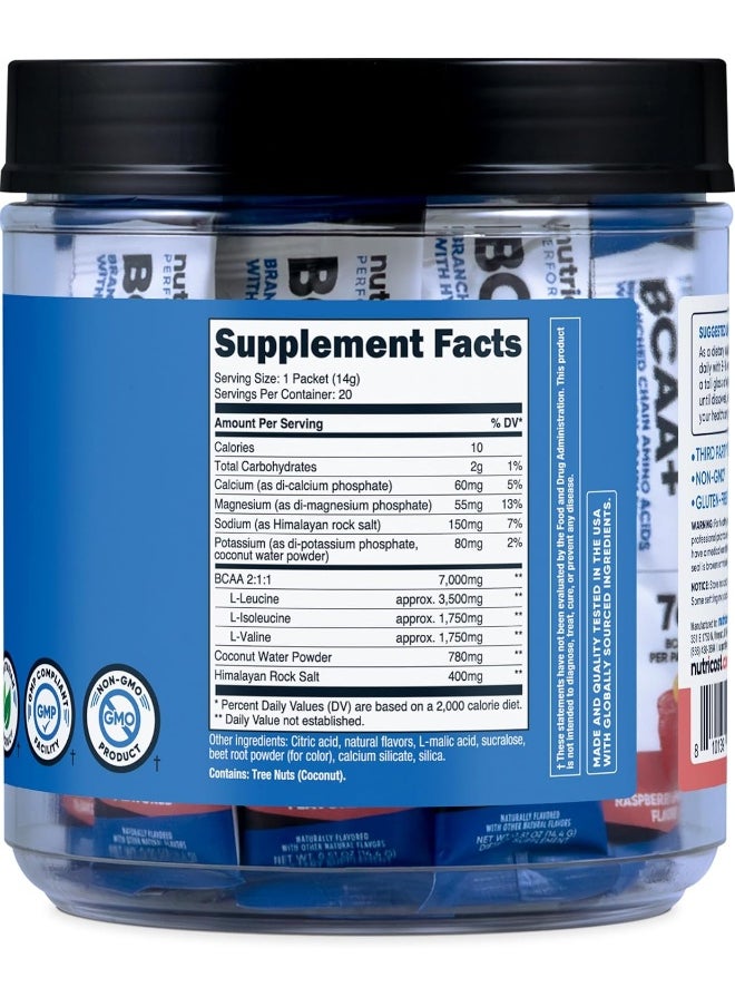 Nutricost BCAA+ Hydration Raspberry Lemonade (20 Stickpacks) - Branched Chain Amino Acids with Hydration Complex - Gluten-Free, Non-GMO