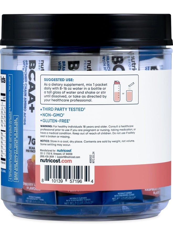 Nutricost BCAA+ Hydration Raspberry Lemonade (20 Stickpacks) - Branched Chain Amino Acids with Hydration Complex - Gluten-Free, Non-GMO