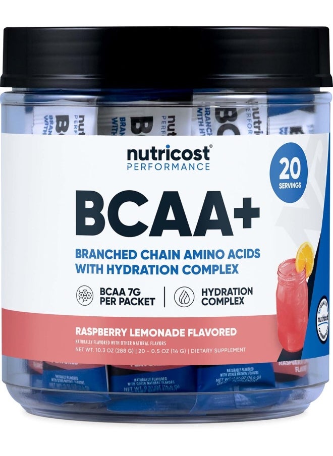 Nutricost BCAA+ Hydration Raspberry Lemonade (20 Stickpacks) - Branched Chain Amino Acids with Hydration Complex - Gluten-Free, Non-GMO