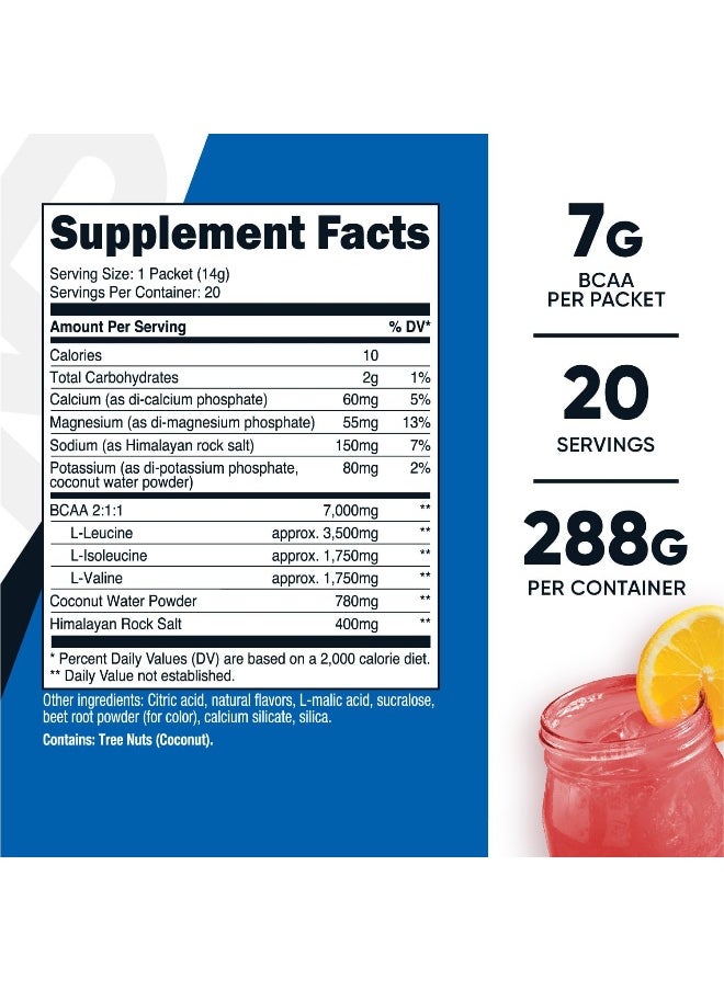 Nutricost BCAA+ Hydration Raspberry Lemonade (20 Stickpacks) - Branched Chain Amino Acids with Hydration Complex - Gluten-Free, Non-GMO