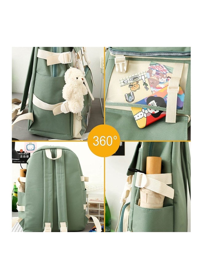4 PCS Backpack Combo Set, KASTWAVE with Bear Pendant Cute Cartoon Kawaii Accessories Canvas Kawaii School Bag Sets with Pencil Box Lunch Box Bag (Green)