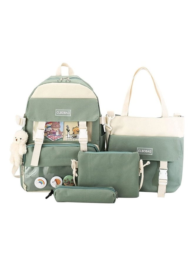 4 PCS Backpack Combo Set, KASTWAVE with Bear Pendant Cute Cartoon Kawaii Accessories Canvas Kawaii School Bag Sets with Pencil Box Lunch Box Bag (Green)