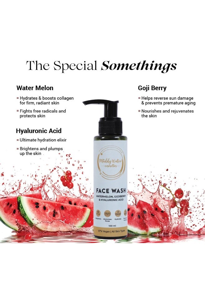WATER COSMETICS Hyaluronic Acid Face Wash -100ml | Hydrating Cleanser with Watermelon & Goji Berry for Unisex |Reduces Inflammation & Redness |Gentle, Sulphate-Free, Suitable for All Skin Types