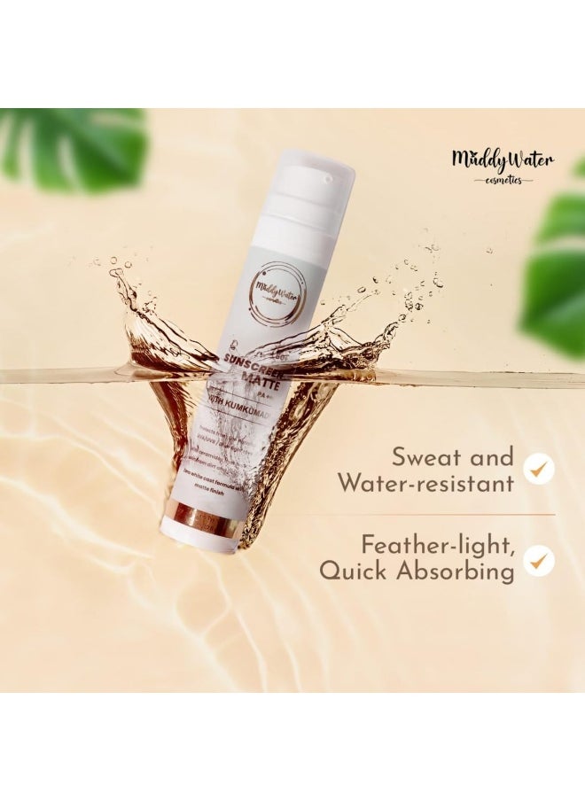 WATER COSMETICS Sunscreen Matte SPF 50 PA+++ with Kumkumadi|Water Resistant Sunscreen|Non-Sticky & Zero White Cast|UVA/UVB/Blue Light Protection|Matte Finish for Men & Women|All Skin Types,50gm