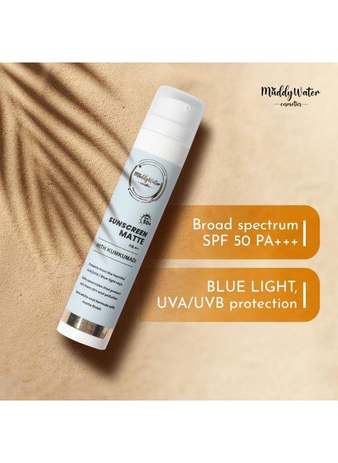 WATER COSMETICS Sunscreen Matte SPF 50 PA+++ with Kumkumadi|Water Resistant Sunscreen|Non-Sticky & Zero White Cast|UVA/UVB/Blue Light Protection|Matte Finish for Men & Women|All Skin Types,50gm