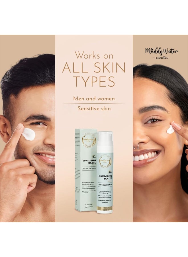 WATER COSMETICS Sunscreen Matte SPF 50 PA+++ with Kumkumadi|Water Resistant Sunscreen|Non-Sticky & Zero White Cast|UVA/UVB/Blue Light Protection|Matte Finish for Men & Women|All Skin Types,50gm