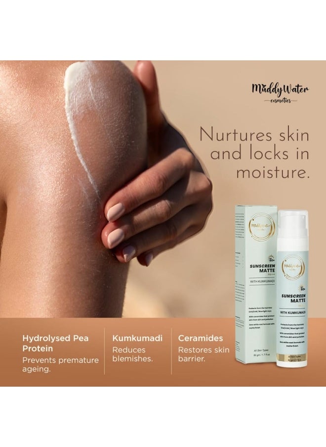 WATER COSMETICS Sunscreen Matte SPF 50 PA+++ with Kumkumadi|Water Resistant Sunscreen|Non-Sticky & Zero White Cast|UVA/UVB/Blue Light Protection|Matte Finish for Men & Women|All Skin Types,50gm
