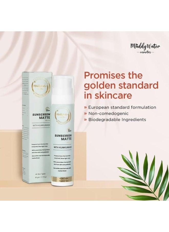 WATER COSMETICS Sunscreen Matte SPF 50 PA+++ with Kumkumadi|Water Resistant Sunscreen|Non-Sticky & Zero White Cast|UVA/UVB/Blue Light Protection|Matte Finish for Men & Women|All Skin Types,50gm