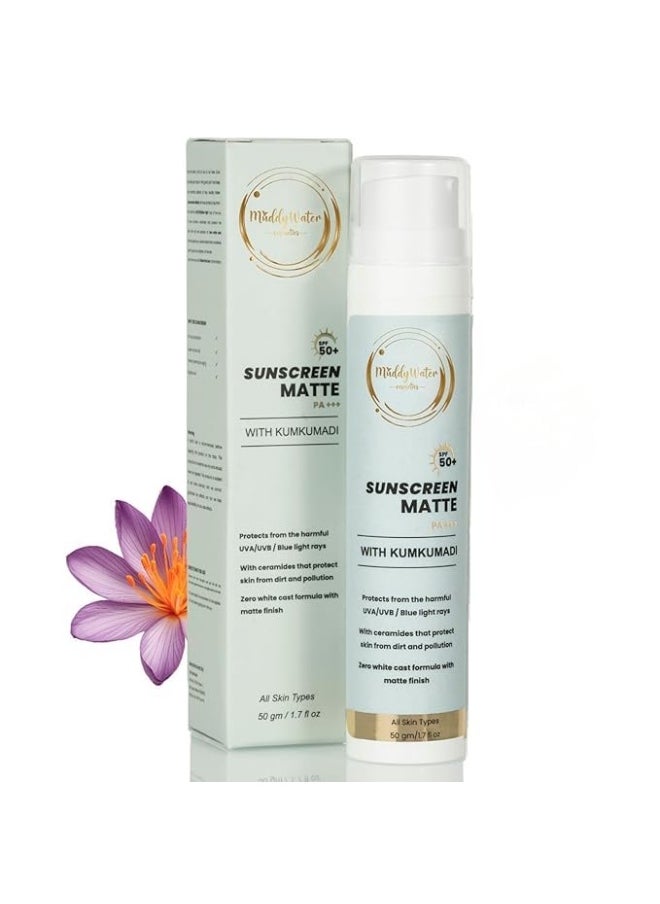 WATER COSMETICS Sunscreen Matte SPF 50 PA+++ with Kumkumadi|Water Resistant Sunscreen|Non-Sticky & Zero White Cast|UVA/UVB/Blue Light Protection|Matte Finish for Men & Women|All Skin Types,50gm