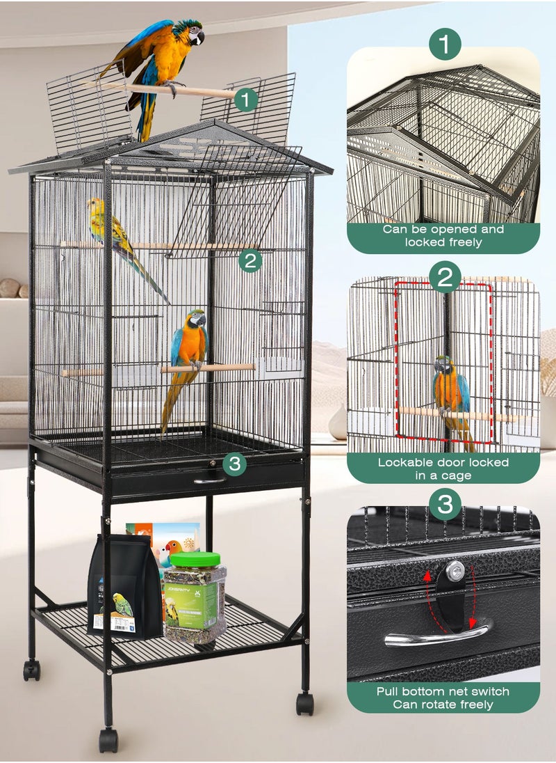 46 Inch Wrought Iron Large Bird Flight Cage with Rolling Stand for Parakeets Canaries Cockatiels Lovebirds Conures, Black