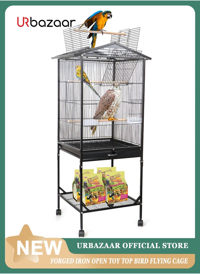 46 Inch Wrought Iron Large Bird Flight Cage with Rolling Stand for Parakeets Canaries Cockatiels Lovebirds Conures, Black