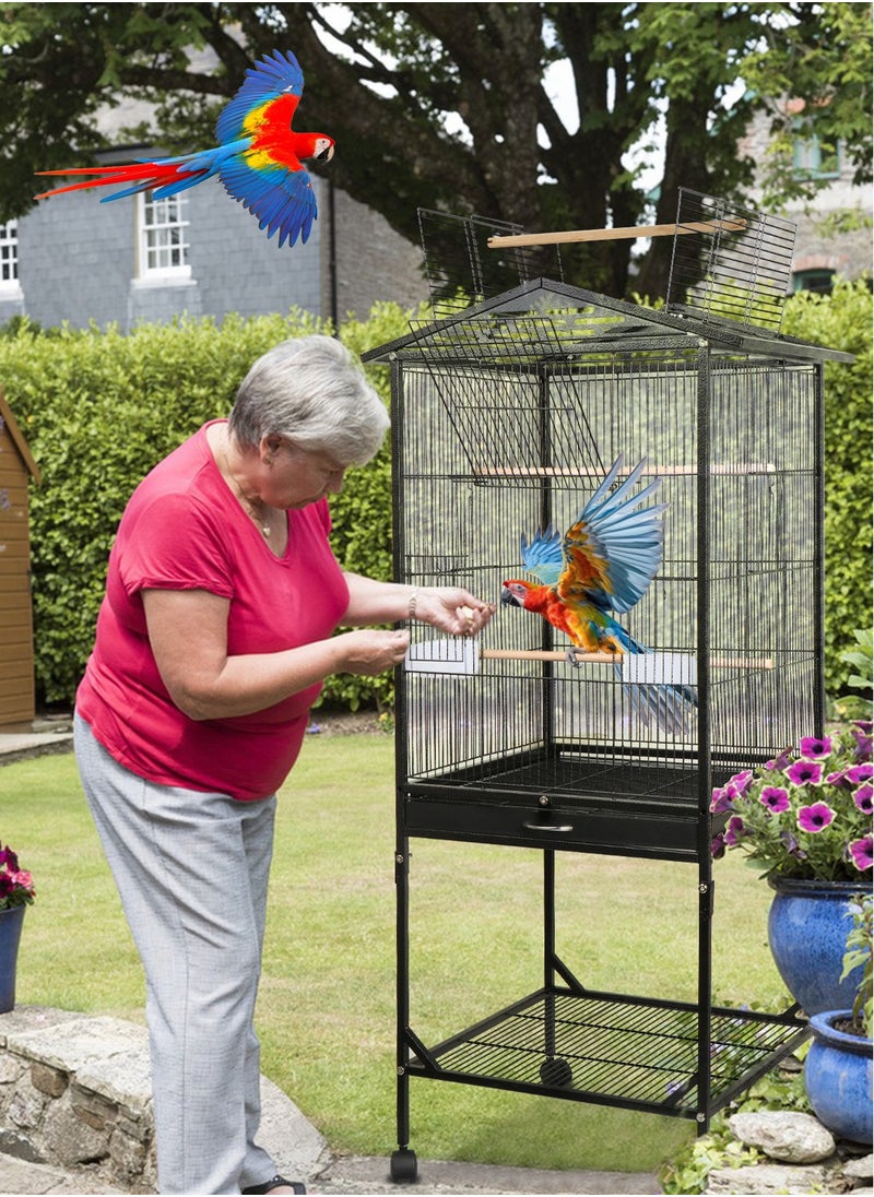 46 Inch Wrought Iron Large Bird Flight Cage with Rolling Stand for Parakeets Canaries Cockatiels Lovebirds Conures, Black
