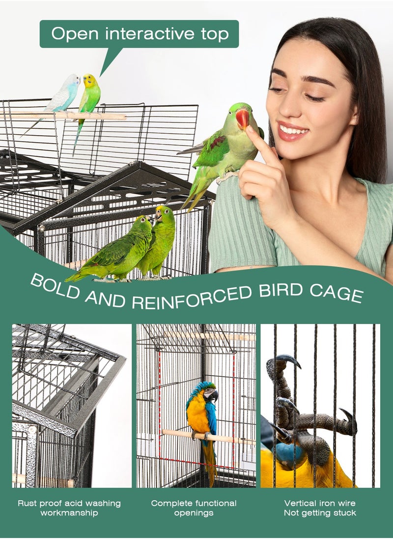 46 Inch Wrought Iron Large Bird Flight Cage with Rolling Stand for Parakeets Canaries Cockatiels Lovebirds Conures, Black