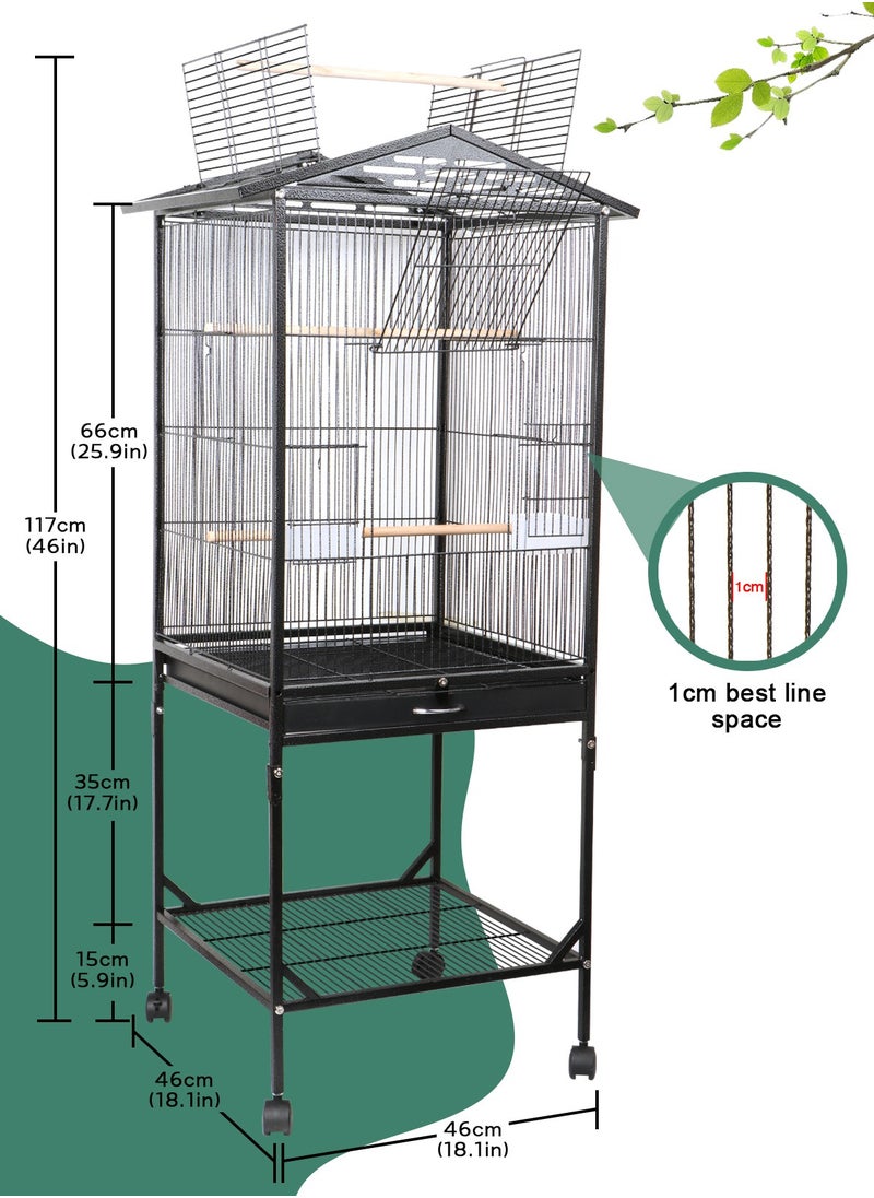 46 Inch Wrought Iron Large Bird Flight Cage with Rolling Stand for Parakeets Canaries Cockatiels Lovebirds Conures, Black