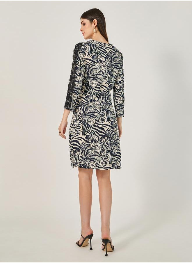 All-Over Print Lace Inserted Sheath Knee-Length Dress