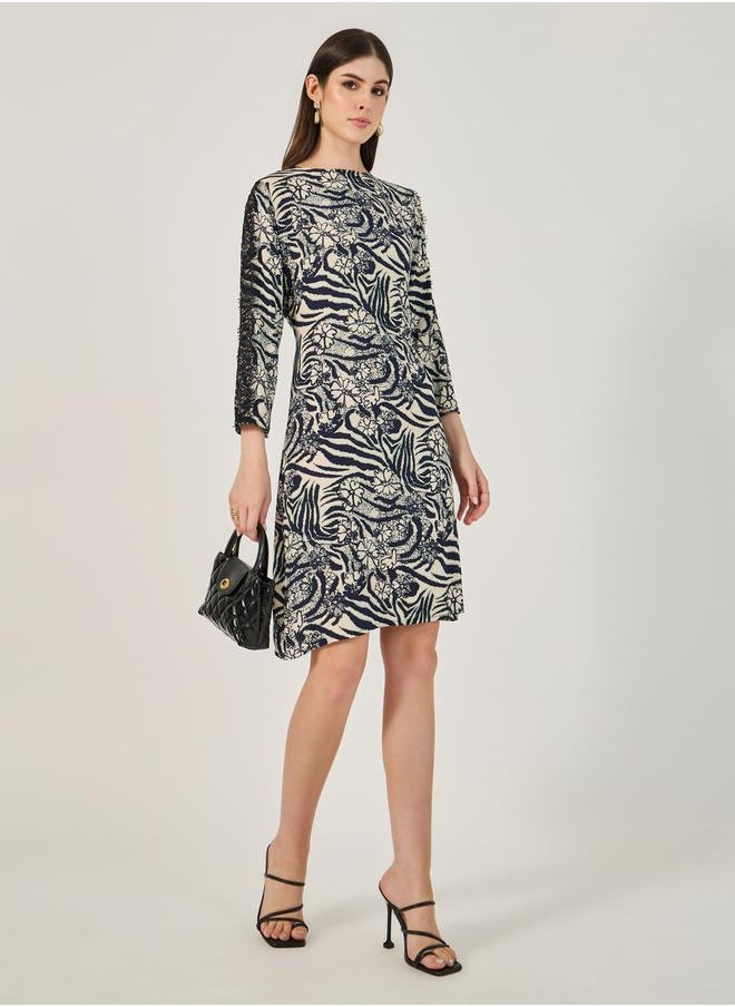 All-Over Print Lace Inserted Sheath Knee-Length Dress