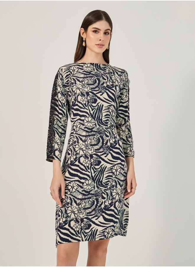 All-Over Print Lace Inserted Sheath Knee-Length Dress