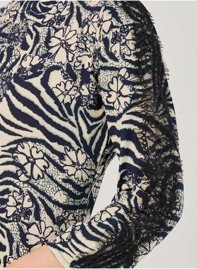 All-Over Print Lace Inserted Sheath Knee-Length Dress