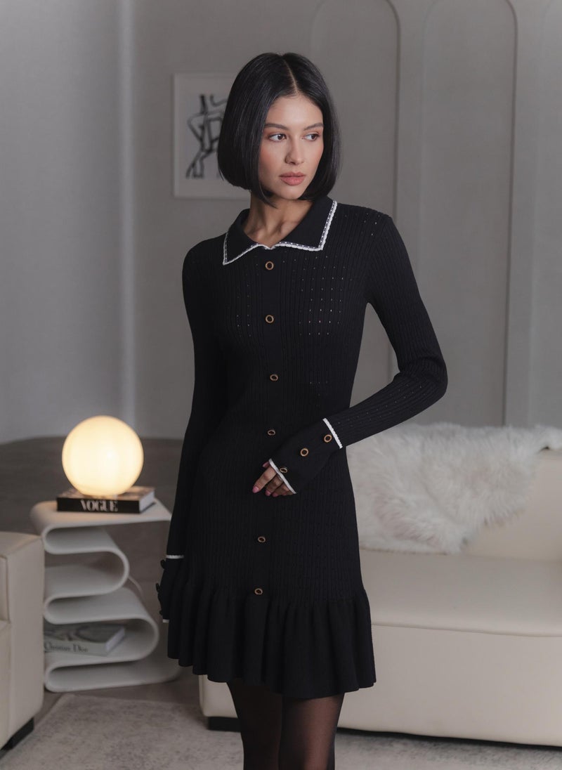 Fitted textured jersey mini dress with skirt flounce