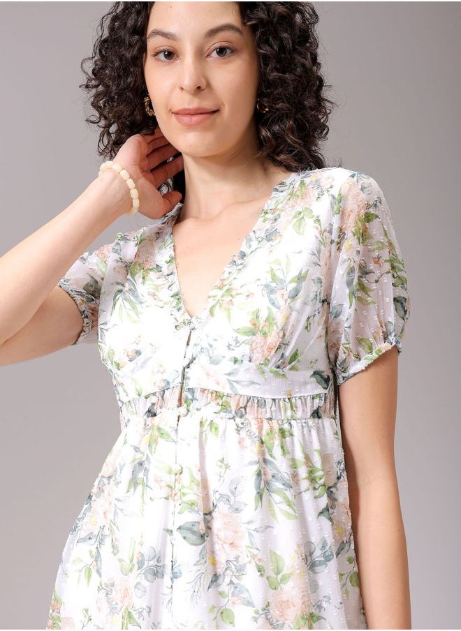 Women Fit and Flared Casual Tropical Print Ruffle Dress