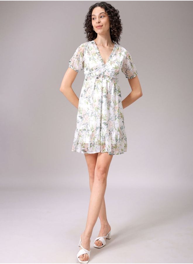 Women Fit and Flared Casual Tropical Print Ruffle Dress