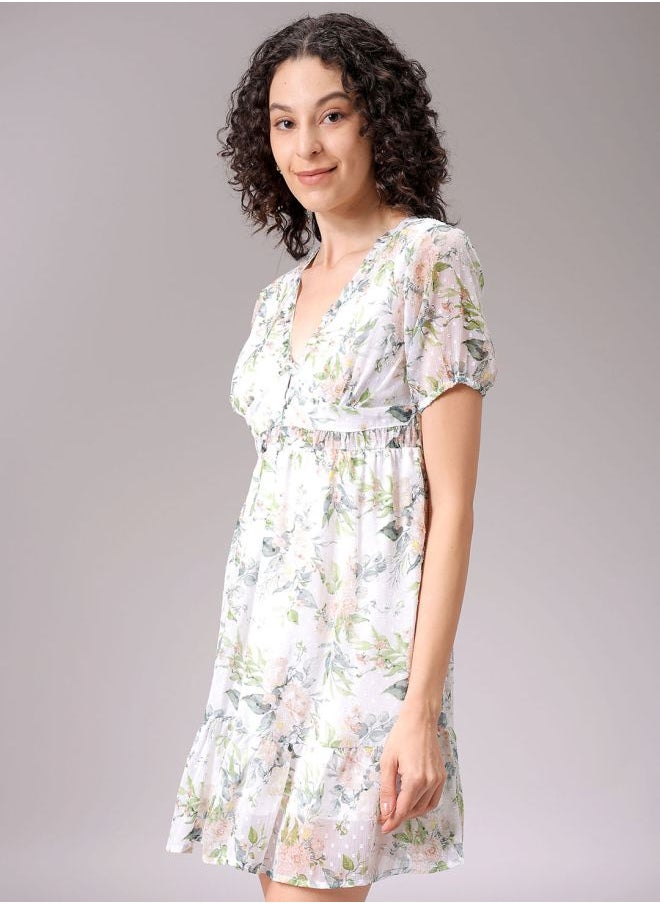 Women Fit and Flared Casual Tropical Print Ruffle Dress