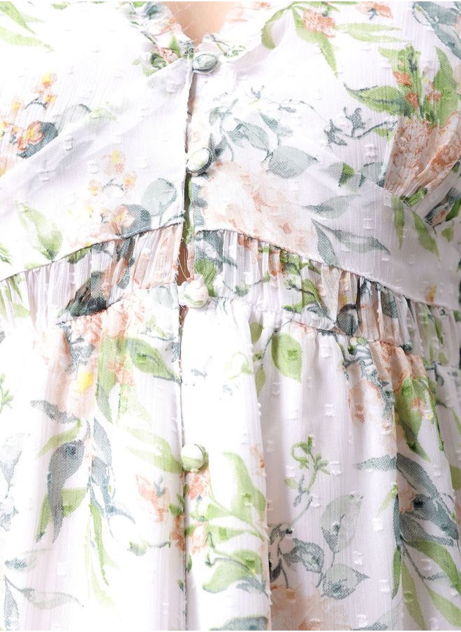 Women Fit and Flared Casual Tropical Print Ruffle Dress