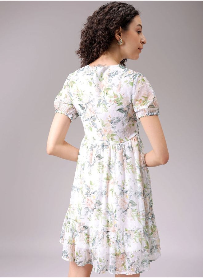 Women Fit and Flared Casual Tropical Print Ruffle Dress