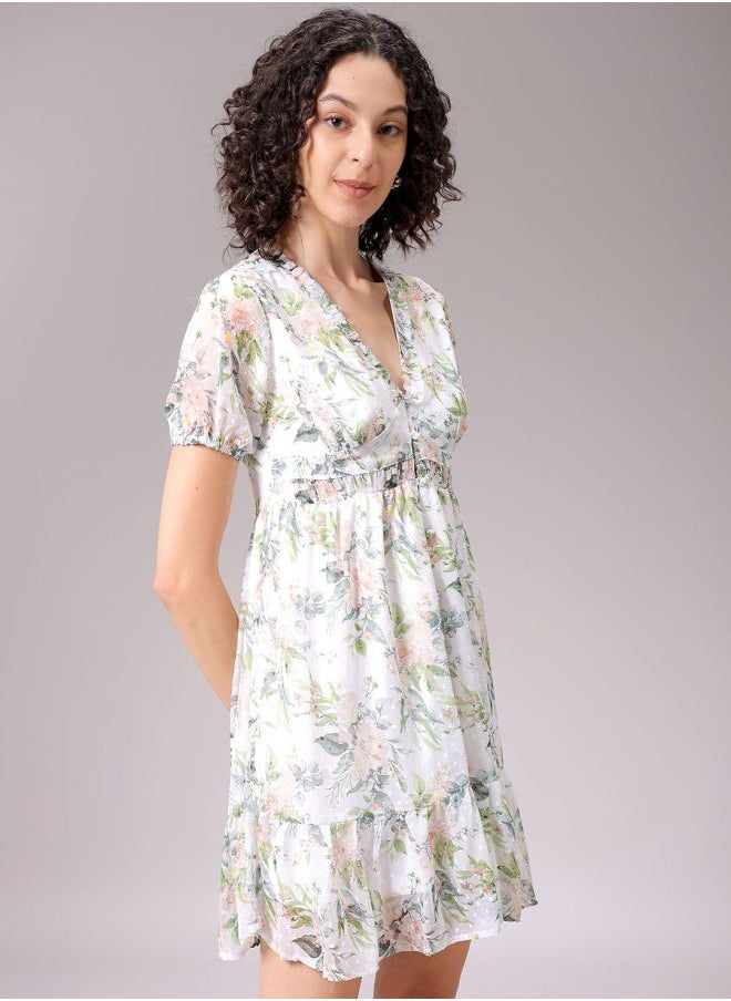 Women Fit and Flared Casual Tropical Print Ruffle Dress