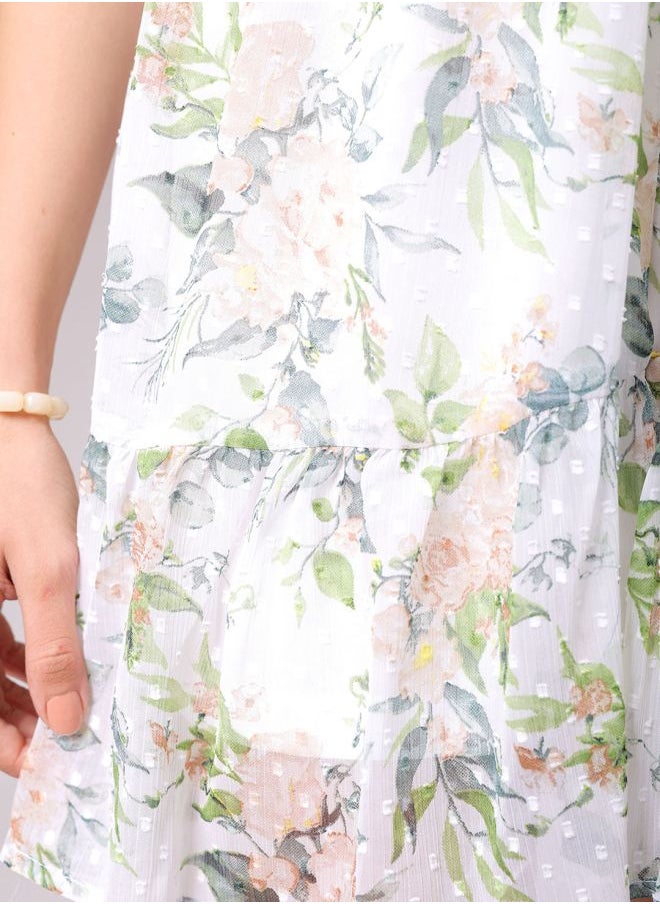 Women Fit and Flared Casual Tropical Print Ruffle Dress