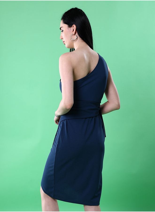 Women Fitted Party Wear Solid One Shoulder Wrap Dress