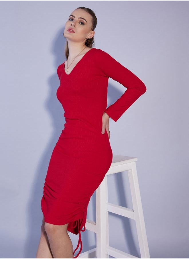 Women Fitted Casual Solid V-Neck Dress