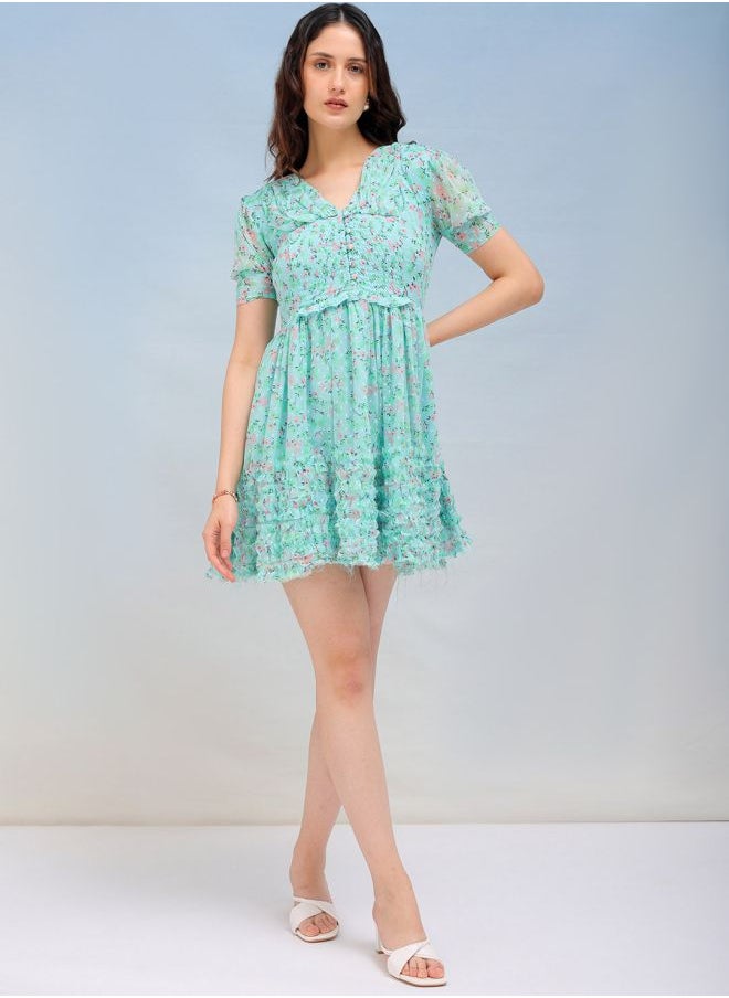 Women Fit and Flared Casual Ditsy Print Ruffle Dress