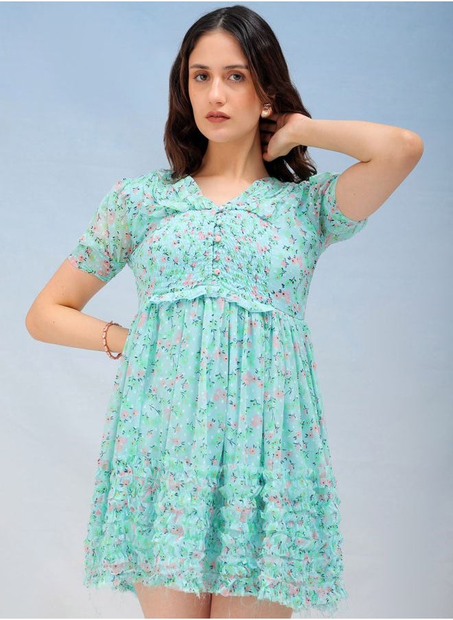 Women Fit and Flared Casual Ditsy Print Ruffle Dress