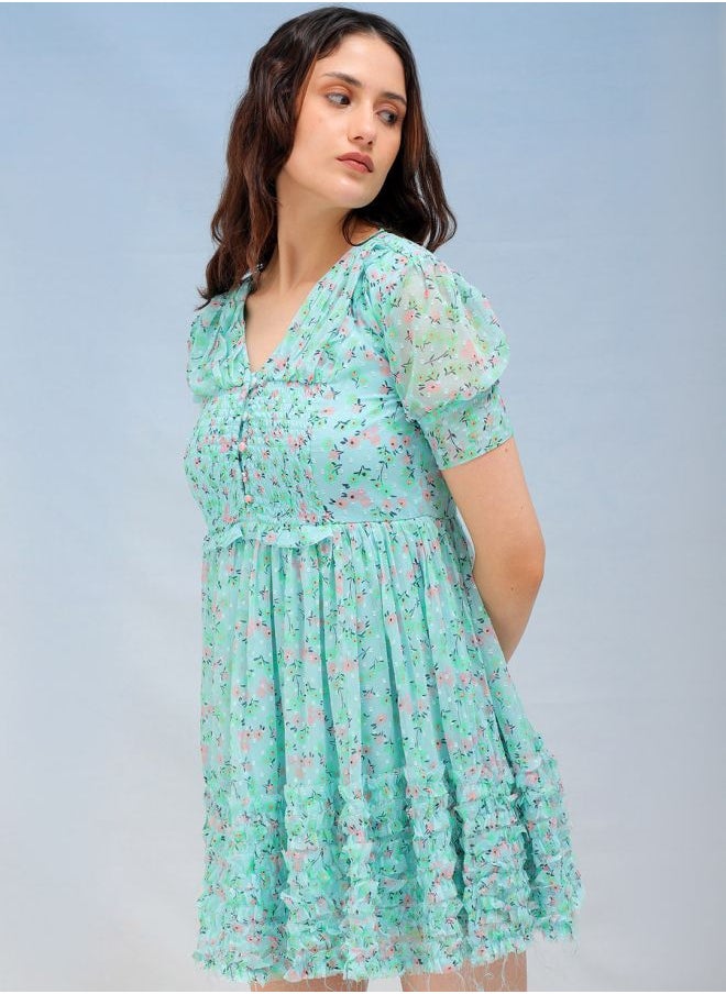 Women Fit and Flared Casual Ditsy Print Ruffle Dress