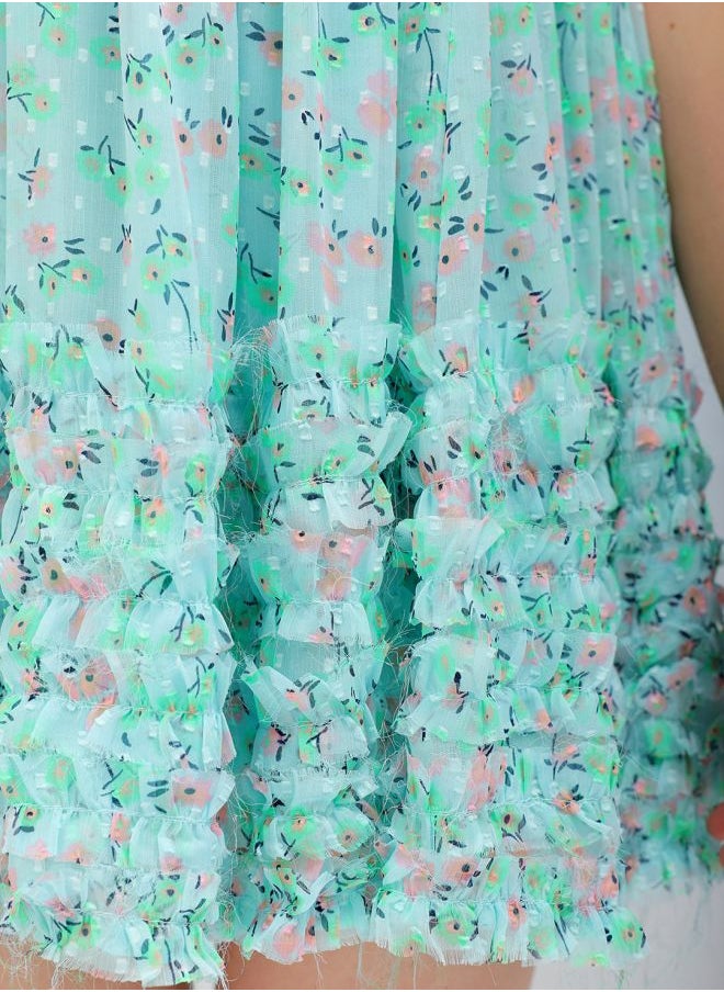 Women Fit and Flared Casual Ditsy Print Ruffle Dress