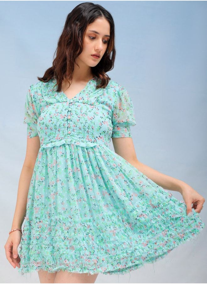 Women Fit and Flared Casual Ditsy Print Ruffle Dress