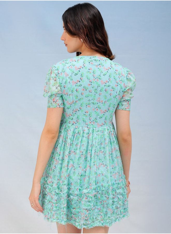 Women Fit and Flared Casual Ditsy Print Ruffle Dress