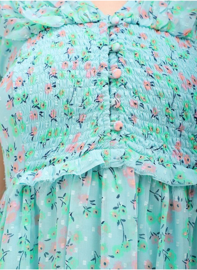 Women Fit and Flared Casual Ditsy Print Ruffle Dress