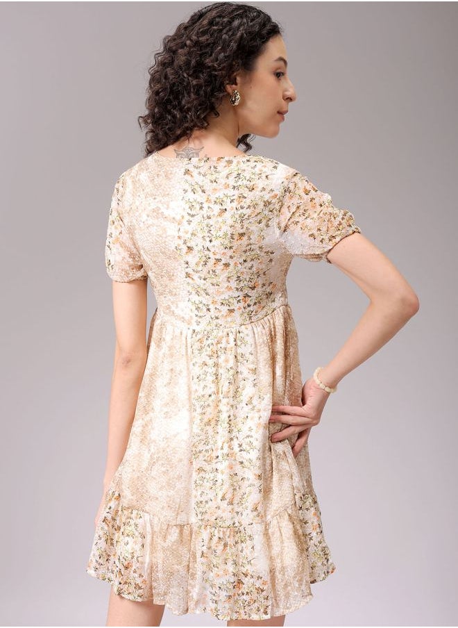 Women Fit and Flared Casual Ditsy Print Ruffle Dress