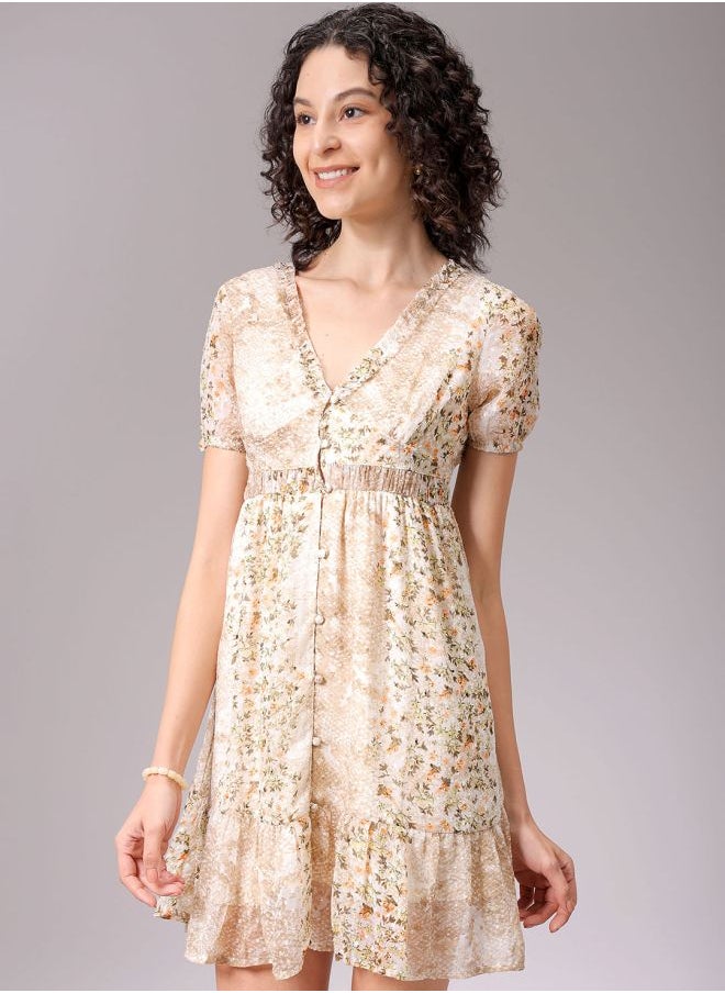 Women Fit and Flared Casual Ditsy Print Ruffle Dress