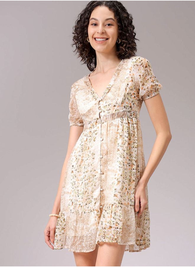 Women Fit and Flared Casual Ditsy Print Ruffle Dress