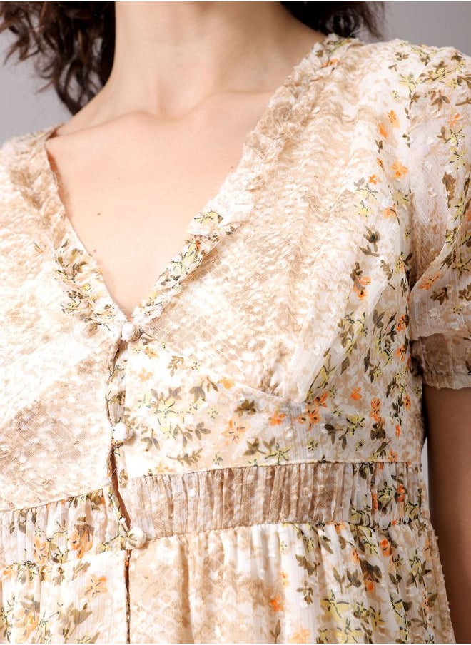 Women Fit and Flared Casual Ditsy Print Ruffle Dress