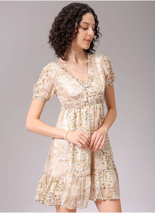 Women Fit and Flared Casual Ditsy Print Ruffle Dress