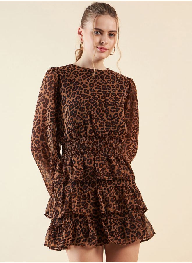 Women Fit and Flared Party Wear Animal Print Round Neck Tiered Dress