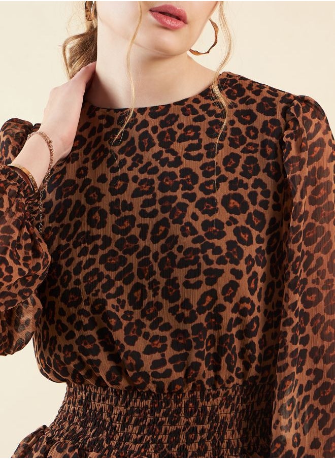 Women Fit and Flared Party Wear Animal Print Round Neck Tiered Dress