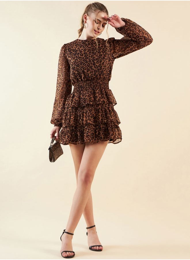 Women Fit and Flared Party Wear Animal Print Round Neck Tiered Dress