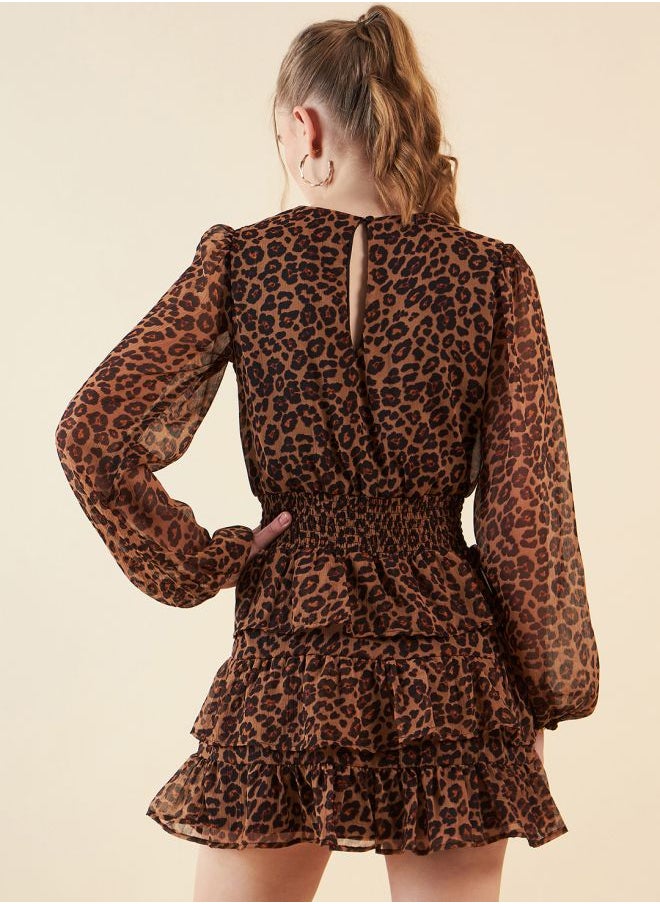 Women Fit and Flared Party Wear Animal Print Round Neck Tiered Dress