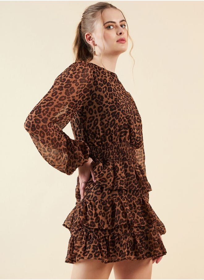 Women Fit and Flared Party Wear Animal Print Round Neck Tiered Dress