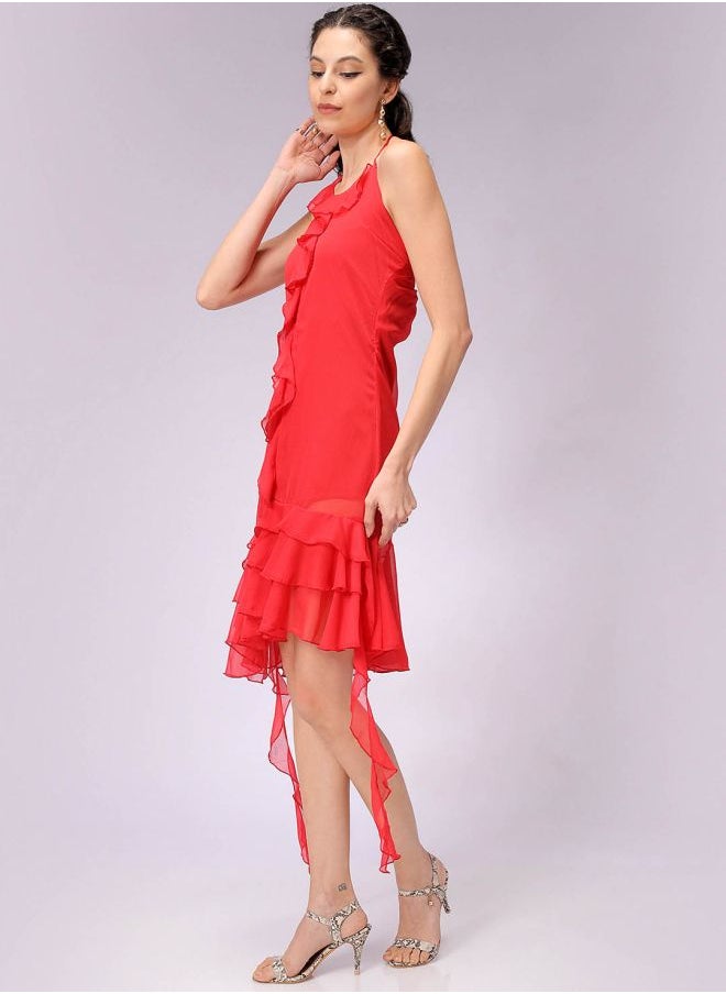 Women Fitted Party Wear Solid Ruffle Dress